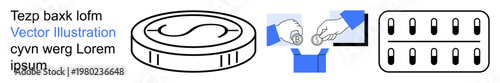 Cryptocurrency, finance, healthcare, transactions, blockchain, digital medicine. Coin, hand exchanging money pill blister pack. Cryptocurrency and finance visual theme concepts