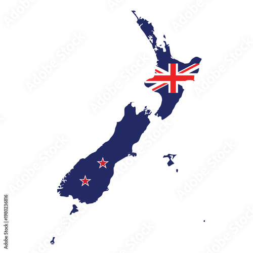 Map of New Zealand with national flag, clean and modern icon design