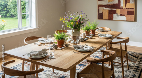 Wooden dining table set with flowers and plates in a cozy room wooden chairs cutlery