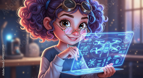A robotics genius girl in ultra-realistic cartoon style, holding a holographic drone blueprint, soft pastel lighting, cinematic portrait.