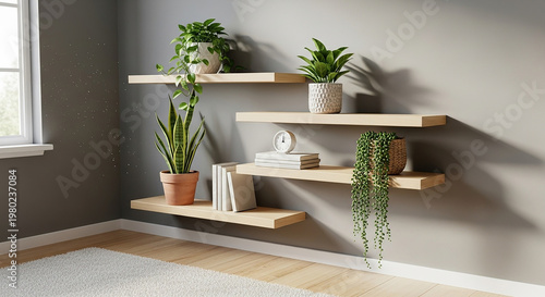 Wooden floating shelves with plants and books on gray wall wooden shelves indoor plants