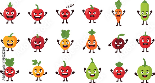 Cute Vegetable Emotion Cartoon Characters Set with Funny Angry Happy Sad Expressions Food Mascots and Playful Illustration Collection