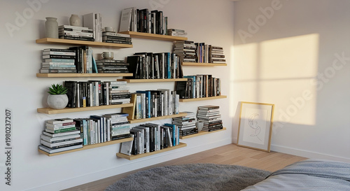Wooden shelves with books and plants in a bright room bookshelf books on shelves