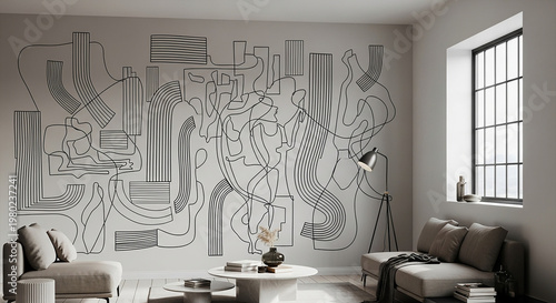Abstract black line mural on living room wall with beige furniture and window