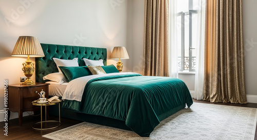 Bedroom with Green Bed and Gold Accents plush velvet