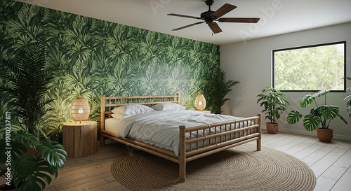 Bedroom with Green Tropical Wallpaper and Wooden Furniture green leaves wooden bed