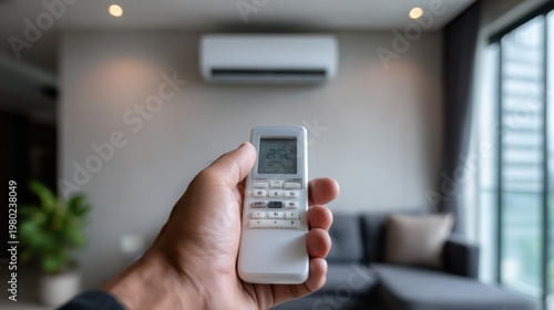 Hand holding AC remote with adjusting temperature in modern living room.