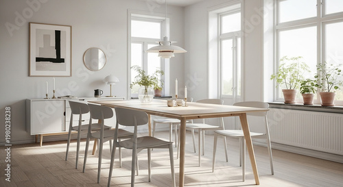 Bright dining room with wooden table and gray chairs near large windows white walls