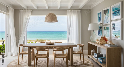 Bright dining room with ocean view and wooden furniture wooden table wooden chairs