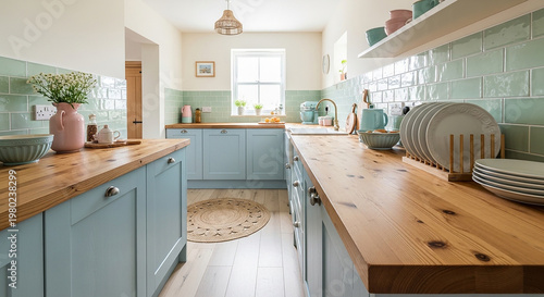 Bright kitchen with blue cabinets wooden countertops and green tiles white plates