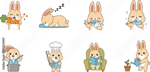 Cute Bunny Daily Routine Cartoon Set Showing Eating Sleeping Washing Cooking Cleaning Reading and Home Activities Vector Illustration Collection