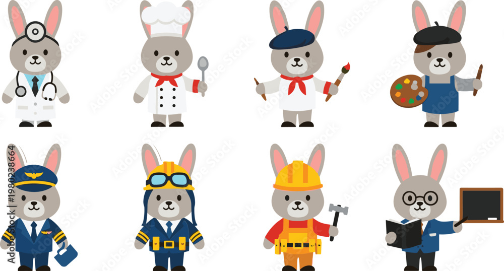 Obraz premium Cute Bunny Professions Character Set with Doctor Chef Artist Pilot Builder and Teacher Cartoon Rabbit Occupation Illustration Collection