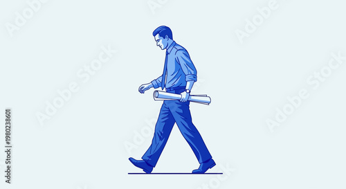 Man walking with rolled up blueprint.