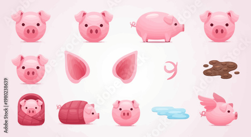 Cute Pink Pigs and Piglets Faces.