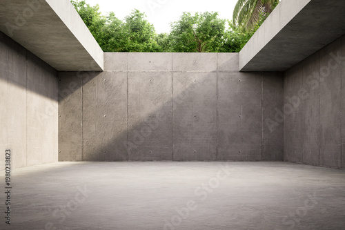 Modern minimalist empty concrete room with an open ceiling skylight showing lush green trees 3d render