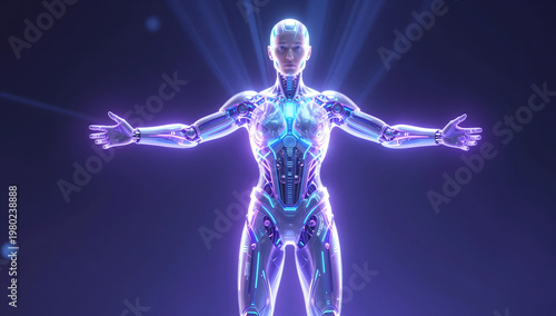 Futuristic Humanoid Robot with Open Arms on Neon Purple Background