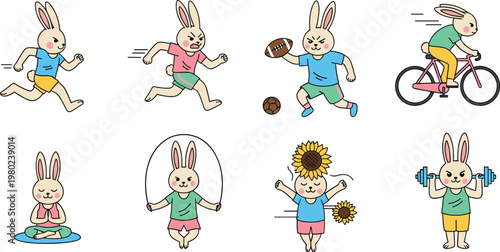 Cute Bunny Sports and Fitness Activity Set with Running Cycling Yoga Jump Rope Weightlifting Cartoon Rabbit Illustration Collection
