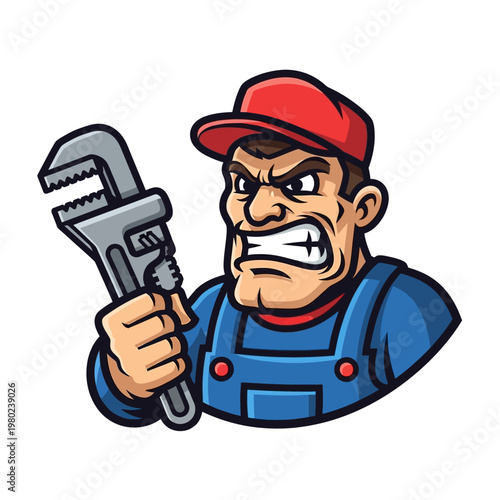 Angry Plumber Mascot with Wrench.