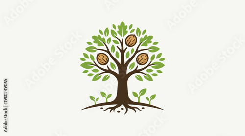 Stylized Tree Logo with Nuts and Green Leaves