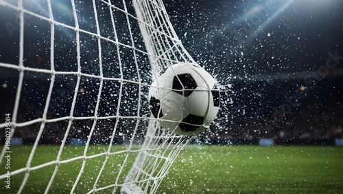 축구경기장 스포트라이트 아래 골이 골대를 친다 A goal hits the post under the football stadium spotlight
