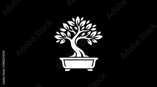 Minimalist White Bonsai Tree Logo on Black Background