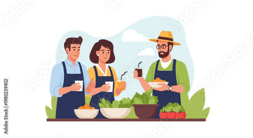Three diverse farmers wearing aprons holding fresh vegetable harvest and drinks. EPS Editable. Vector Illustrations.
