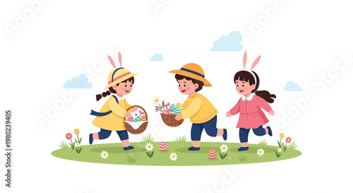 Three cute children wearing bunny ears and playing in an Easter egg hunt. EPS Editable. Vector Illustrations.