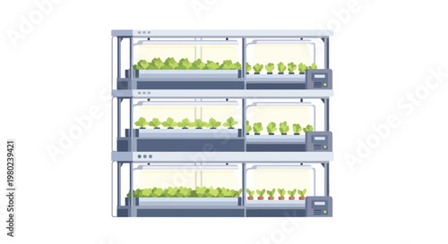 Three tiered vertical hydroponic farming system with indoor LED lighting. EPS Editable. Vector Illustrations.