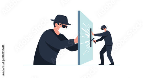 Two burglars breaking into a secure glass window illustration. EPS Editable. Vector Illustrations.