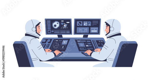 Two astronauts working at space station control console. EPS Editable. Vector Illustrations.