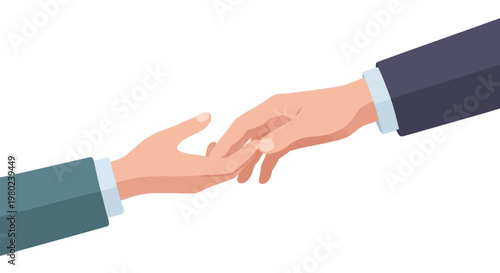Two business people reaching out and touching hands to symbolize cooperation and partnership. EPS Editable. Vector Illustrations.
