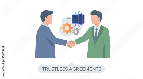 Two Businessmen Shaking Hands Representing Trustless Agreements and Blockchain Smart Contracts. EPS Editable. Vector Illustrations.