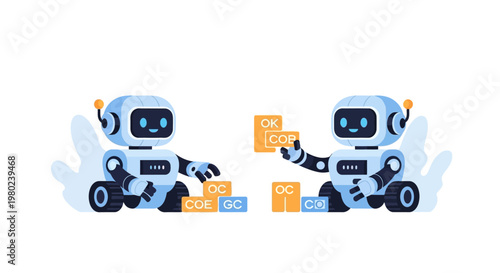 Two cute cartoon robots playing with colorful building blocks. EPS Editable. Vector Illustrations.