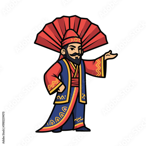 Cartoon illustration of a man in traditional attire with a large fan-like headdress.