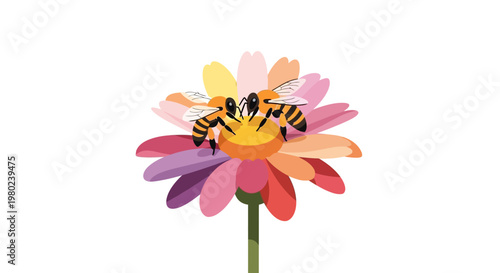 Two detailed bees collecting nectar from a vibrant multicolored flower. EPS Editable. Vector Illustrations.