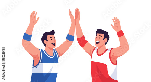Two happy male basketball players giving a high five in celebration. EPS Editable. Vector Illustrations.