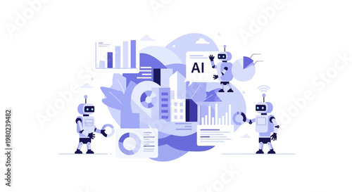 Two futuristic robots analyzing digital data charts and business analytics. EPS Editable. Vector Illustrations.