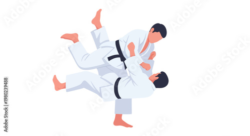 Two judo fighters engaged in a dynamic throwing technique match. EPS Editable. Vector Illustrations.