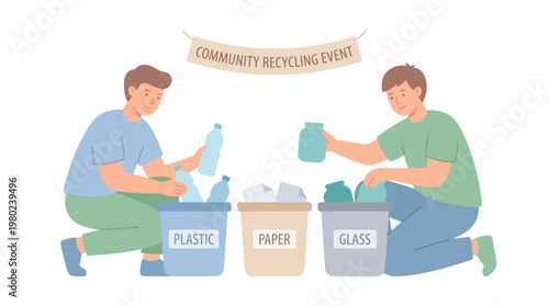 Two Men Sorting Waste Into Different Recycling Bins. EPS Editable. Vector Illustrations.