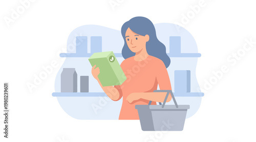 Woman choosing products while grocery shopping in a supermarket. EPS Editable. Vector Illustrations.