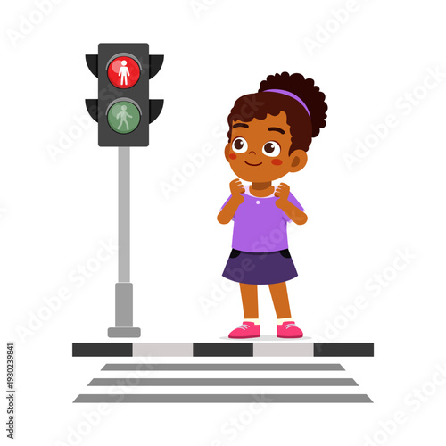 Smiling African American child girl standing at crosswalk patiently waiting for the walk signal illustration