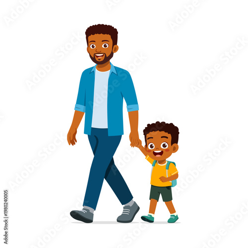 Happy Black father and son walking together holding hands smiling cheerfully in a joyful moment