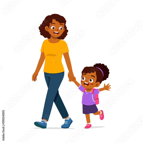 African American mother and happy daughter smiling walking together holding hands cheerful mood