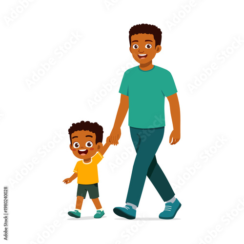 African American Father and Son Walking Hand in Hand Smiling Happy Together
