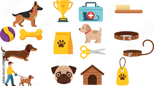 Dog Care and Pet Accessories Icon Set Featuring Grooming Tools Medical Kit Leash Collar Food and Training Elements in Flat Cartoon Style Vector Illustration.