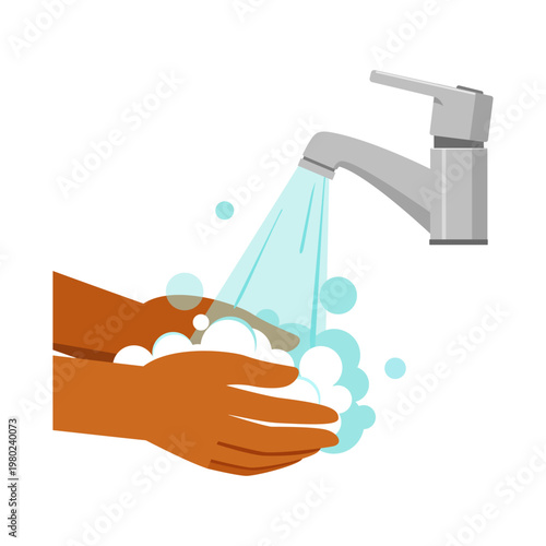 Brown skinned hands diligently washing under a flowing faucet with abundant soap bubbles showing hygiene