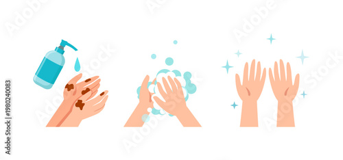 Light skin hands show the complete hand washing process from dirty to clean using soap and water