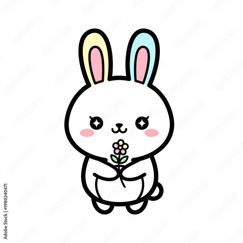Fototapeta premium Cute cartoon bunny holding a flower with colorful ears.