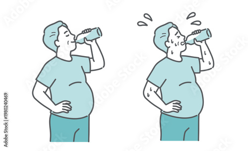 水分補給をするぽっちゃり体型のシニア男性の比較セットイラスト