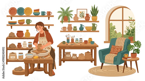 Woman working at pottery wheel indoors.